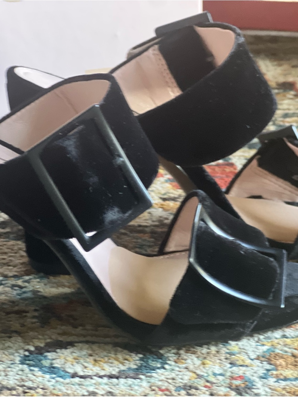 Avec Les Filles Black Velvet Block Heel Sandals with Buckle, worn once